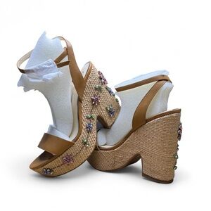 Jessica Simpson Tan “Cressida” Raffia and Embellished Platform Heels